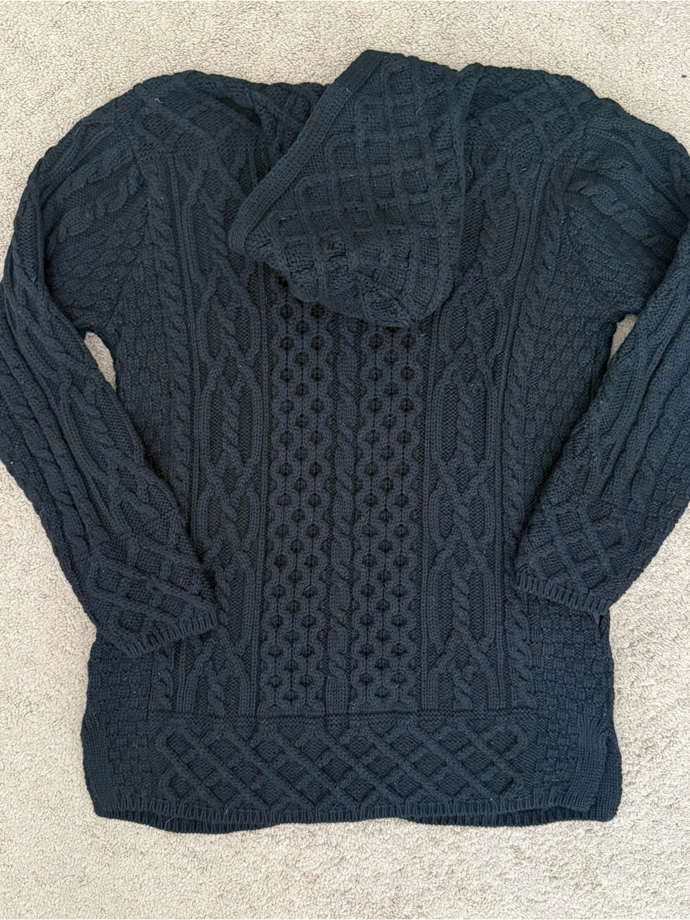 Aran Crafts Women’s Merino Wool Black Cable-Knit Zip Hoodie Cardigan - Picture 2 of 6